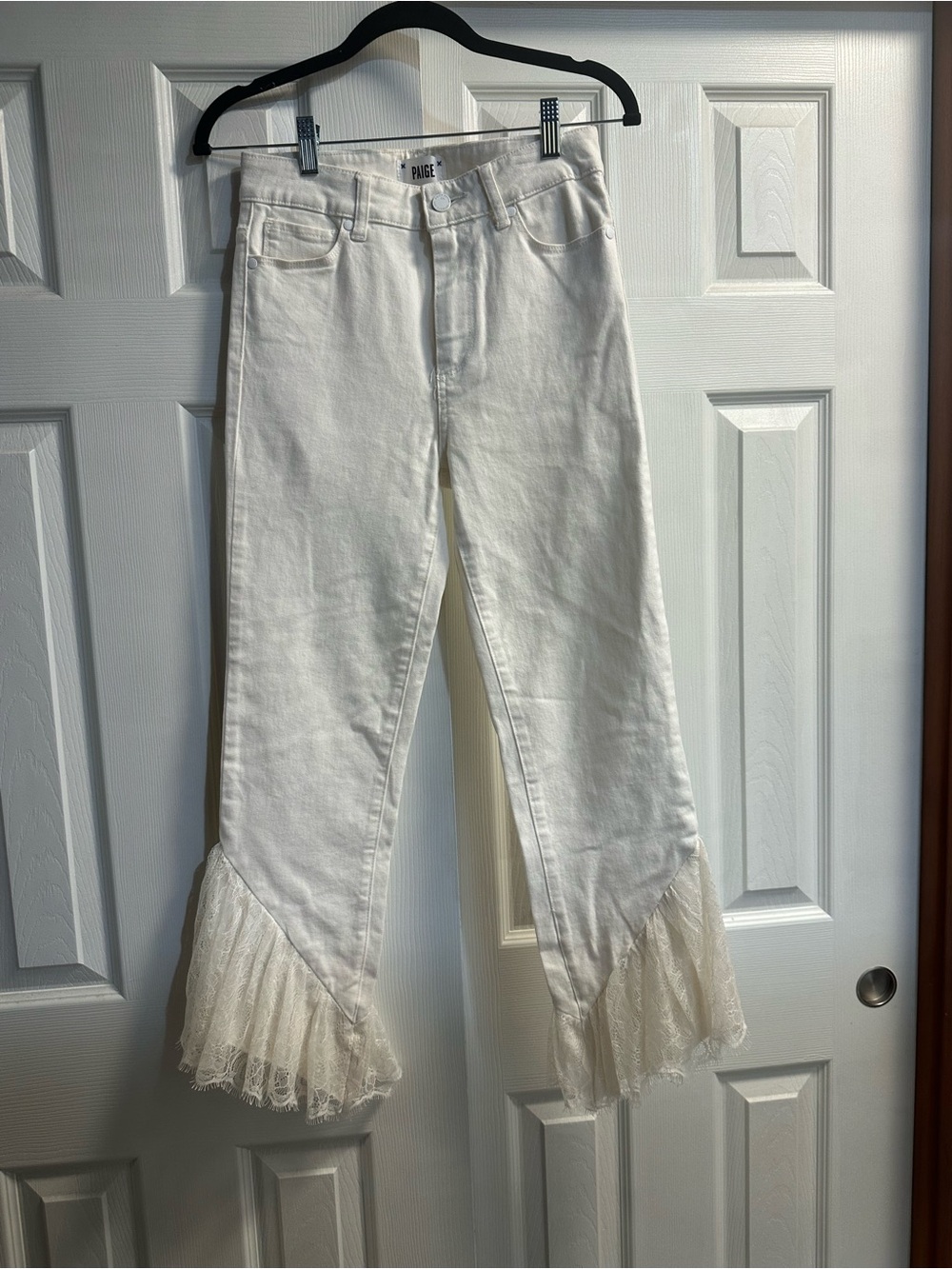 PAIGE Cream Lace-Hem Wide Leg Jeans